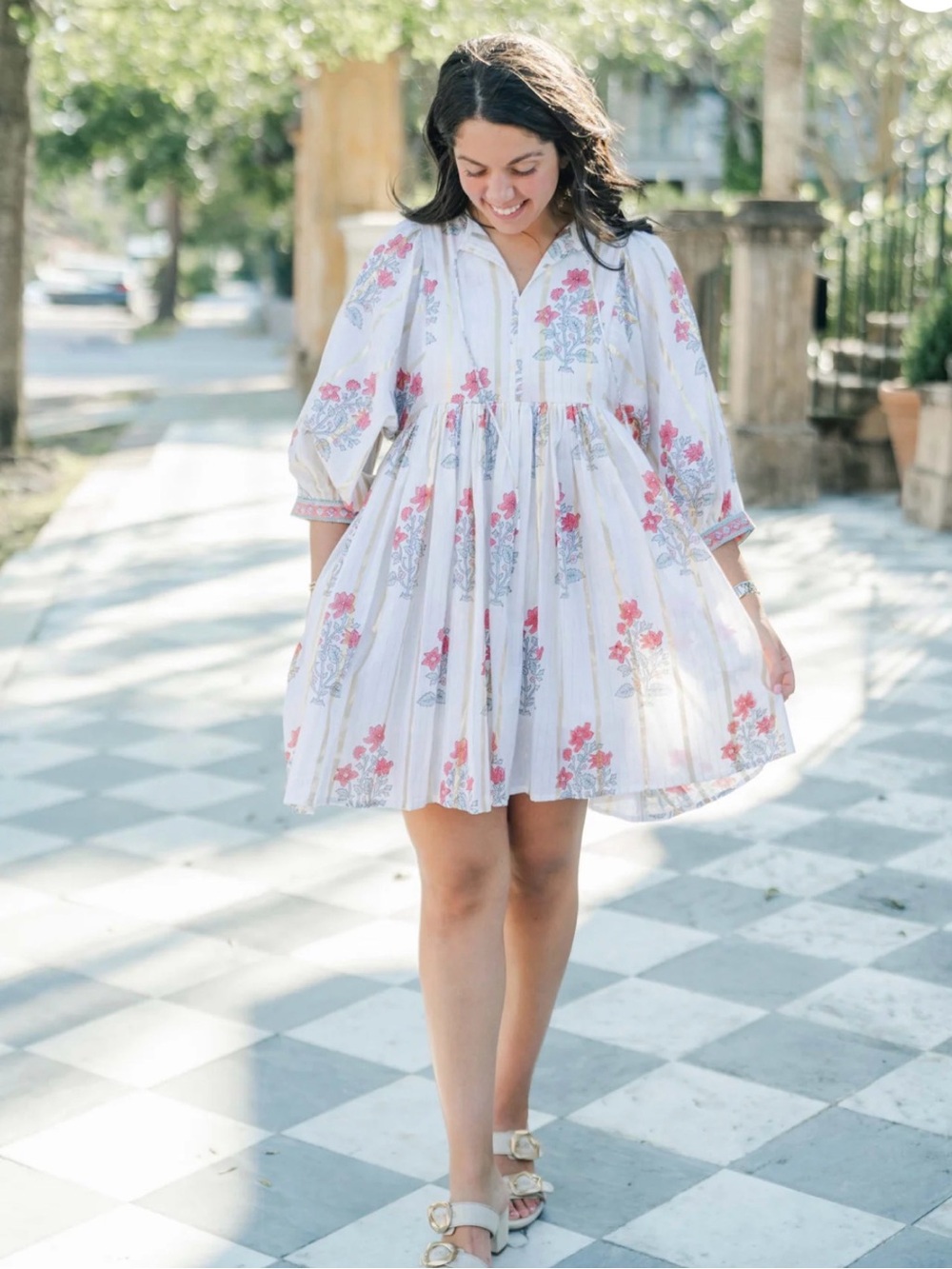 Clara  The Label Camelia Floral Stripe Dress with Pink Accents